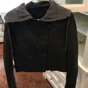 PU leather jacket with knit hood